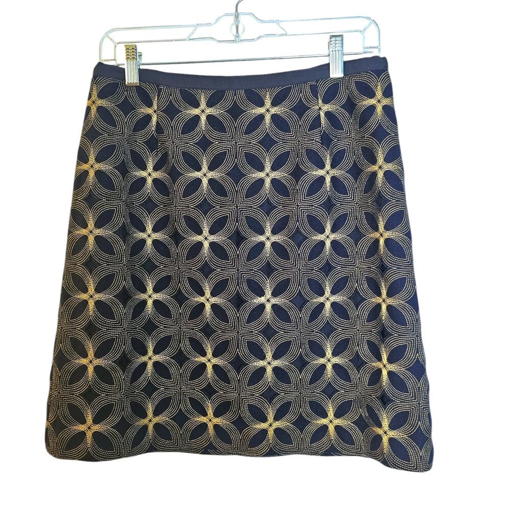 Boden Limited Edition Navy Blue & Gold Wool Cut Out Embroidered Skirt